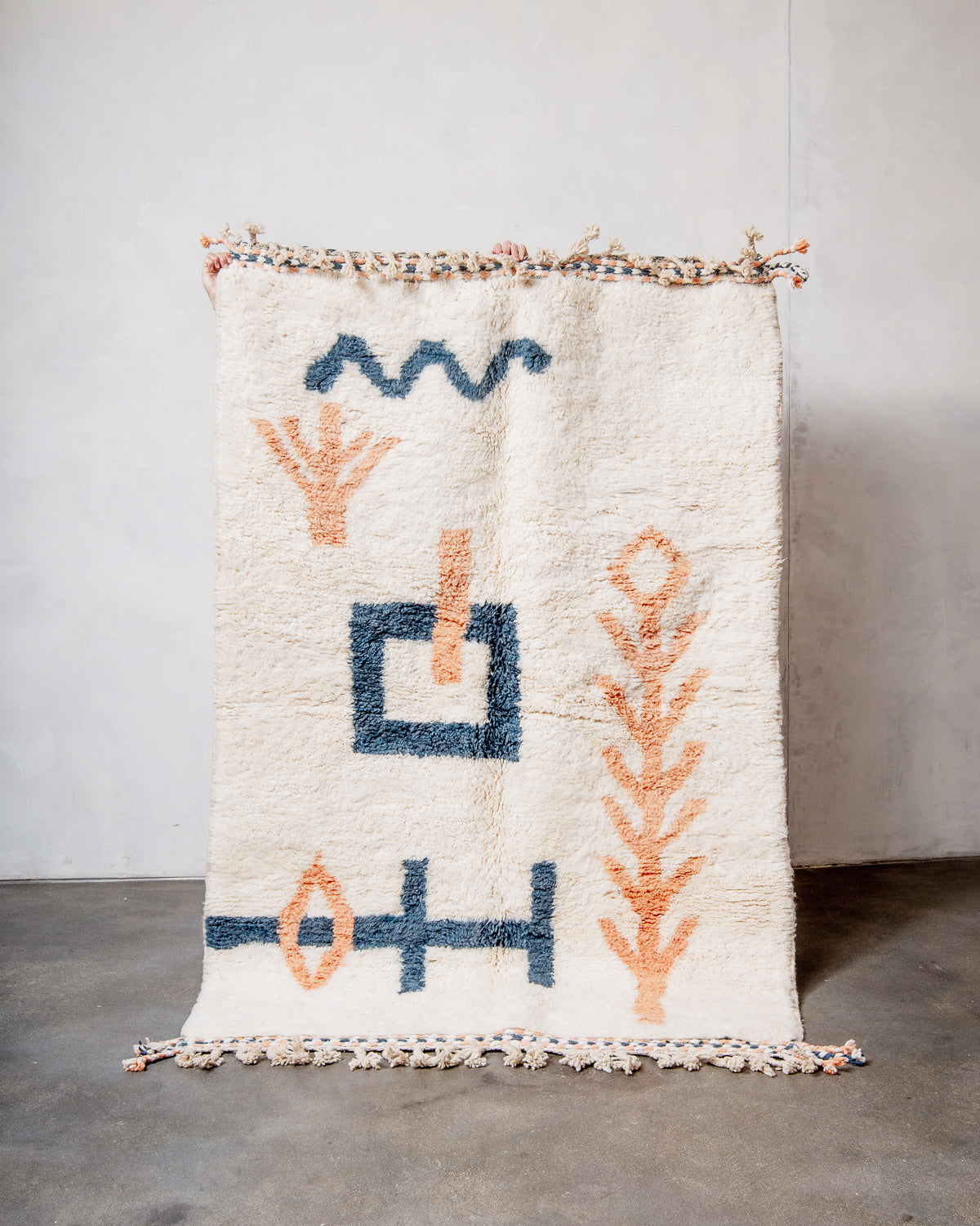 Modern, designer, handcrafted Berber rug from Morocco. Beniourain carpet with beautiful colours and patterns and fluffy wool texture.